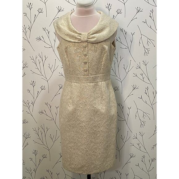 TAHARI ASL Ivory Gold Metallic Brocade Dress 6 Vintage Inspired Elegant Cocktail - Picture 2 of 7